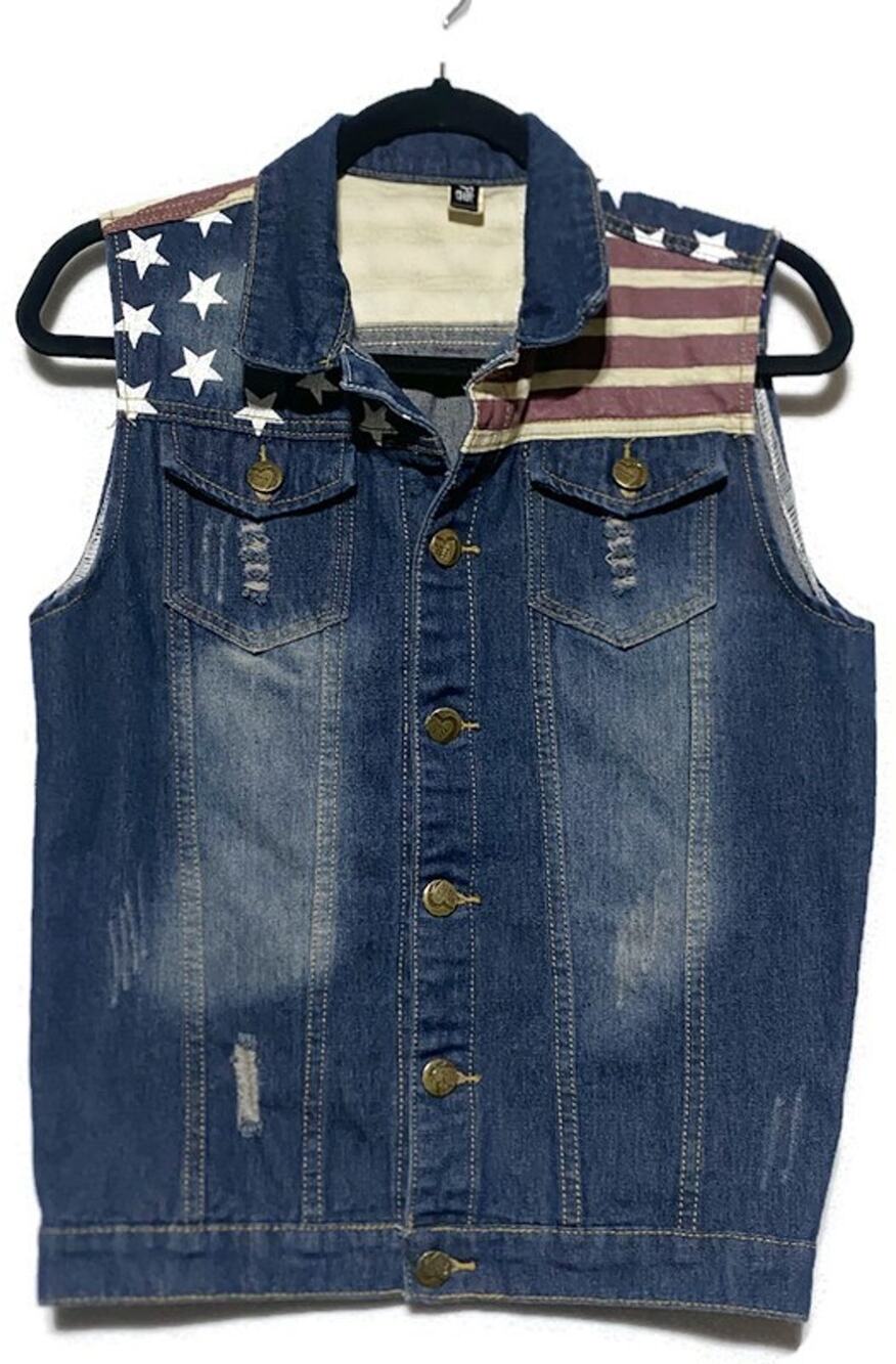 Tang Ku Youth Large Distressed American Flag Denim Vest Blue Button-Up